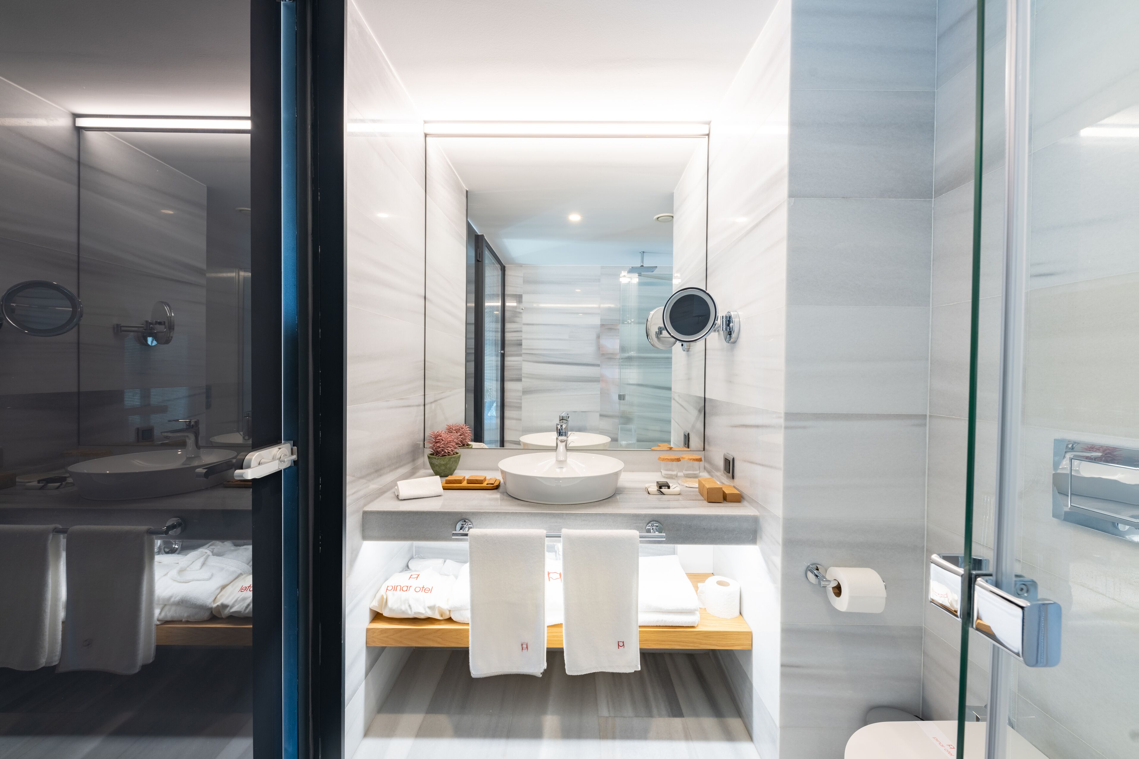 grand double or twin room | bathroom | shower, rainfall showerhead, hair dryer, bathrobes