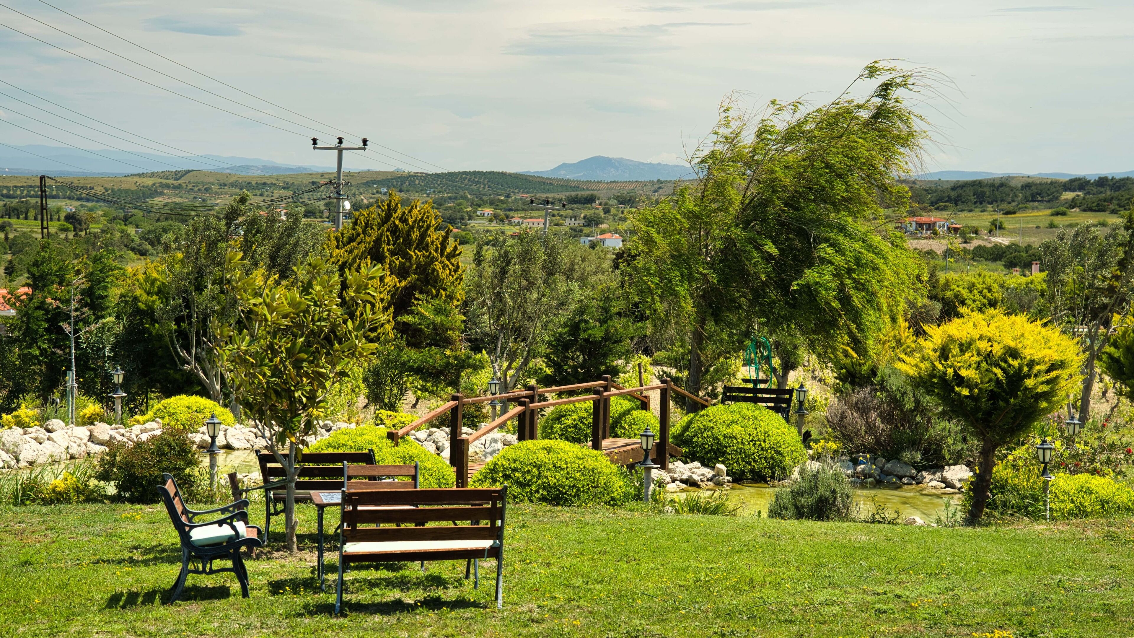 Un parc avec des bancs, un pont en bois et un étang.