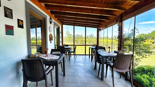 Une terrasse couverte, dotée de tables et de chaises, de grandes fenêtres et offrant une vue sur un paysage verdoyant.