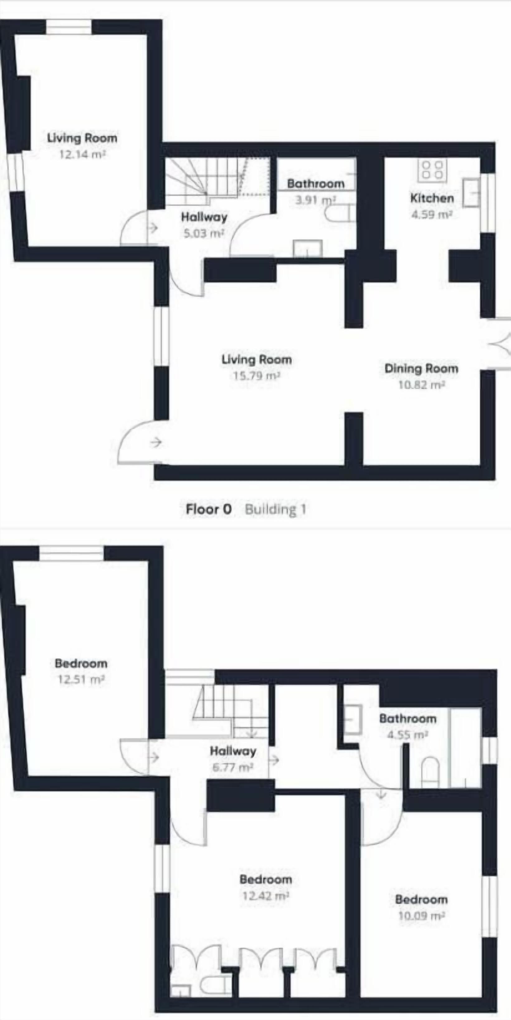 Two floor plans of a building with multiple bedrooms, living rooms, a dining room, a kitchen, and a hallway.
