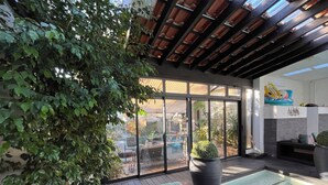 Espaço ao ar livre coberto com piscina, assentos e uma grande planta em vaso.