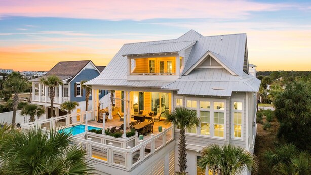 A coastal house with a large balcony, a swimming pool, and a view of the ocean. - Seagrove Sparrow|Easy Beach Access|Private Pool|Outdoor Oasis (Santa Rosa Beach)