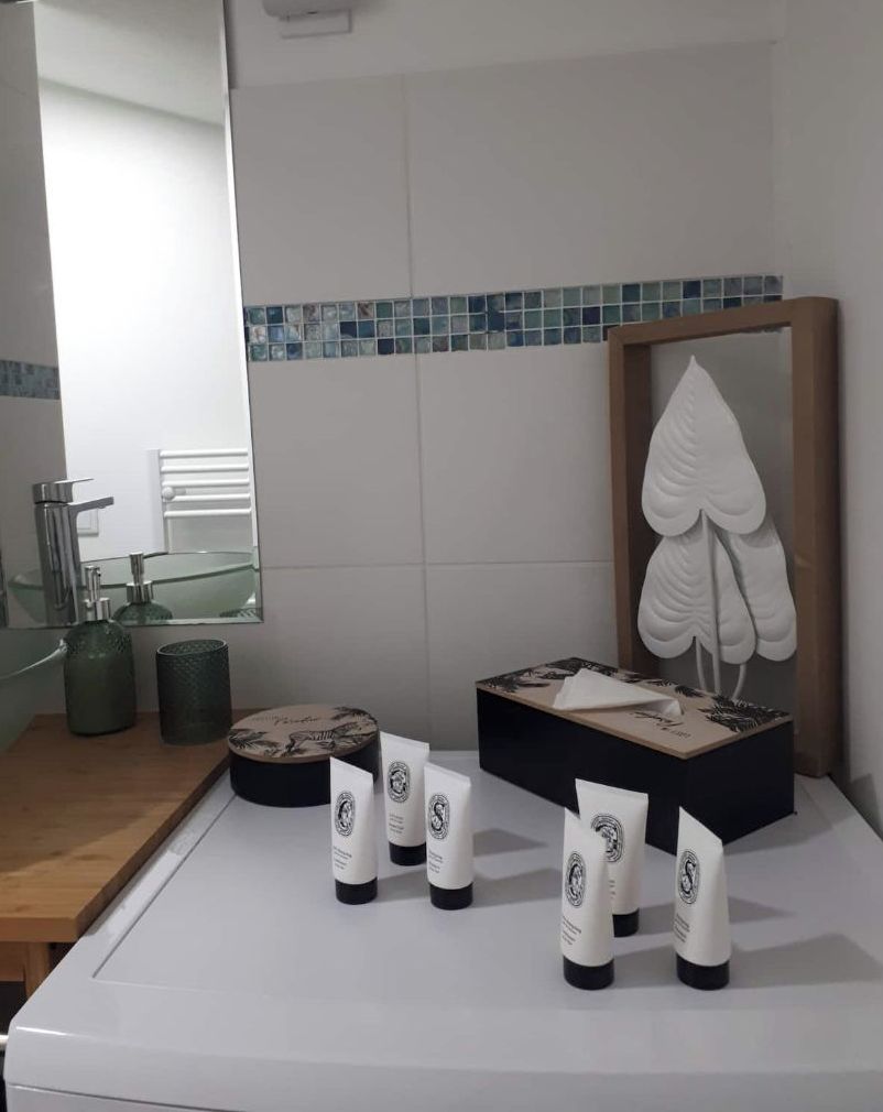 Une salle de bain avec un miroir, un lavabo et des articles de toilette sur le comptoir.