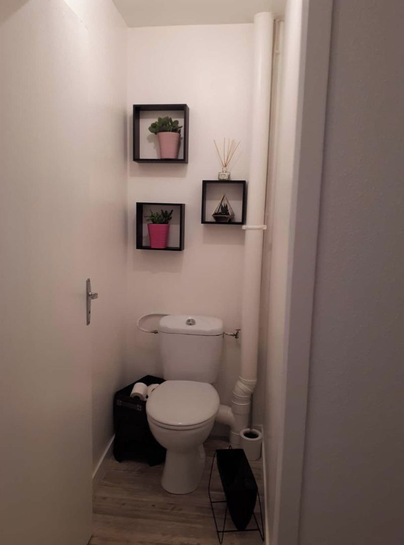 Un bagno piccolo e funzionale con il water bianco, un cestino nero e uno scaffale nero con una pianta in vaso.