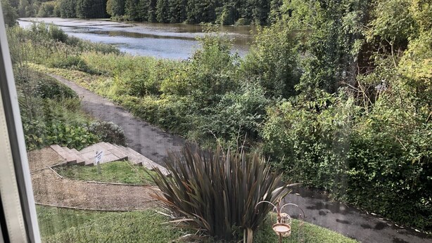 A view of a river with dense greenery and a pathway leading to a small garden area with a plant and a bird feeder. - River Bay (Cardiff)