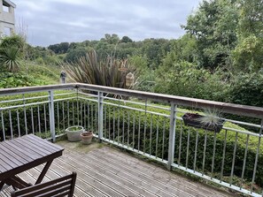 A wooden deck with a metal railing, a table, and chairs. There are potted plants and a birdcage on the railing. - River Bay (Cardiff)