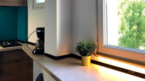 A modern kitchen with a built-in stove, a coffee maker, and a window with a view of greenery. - Studio with Lake View (București)