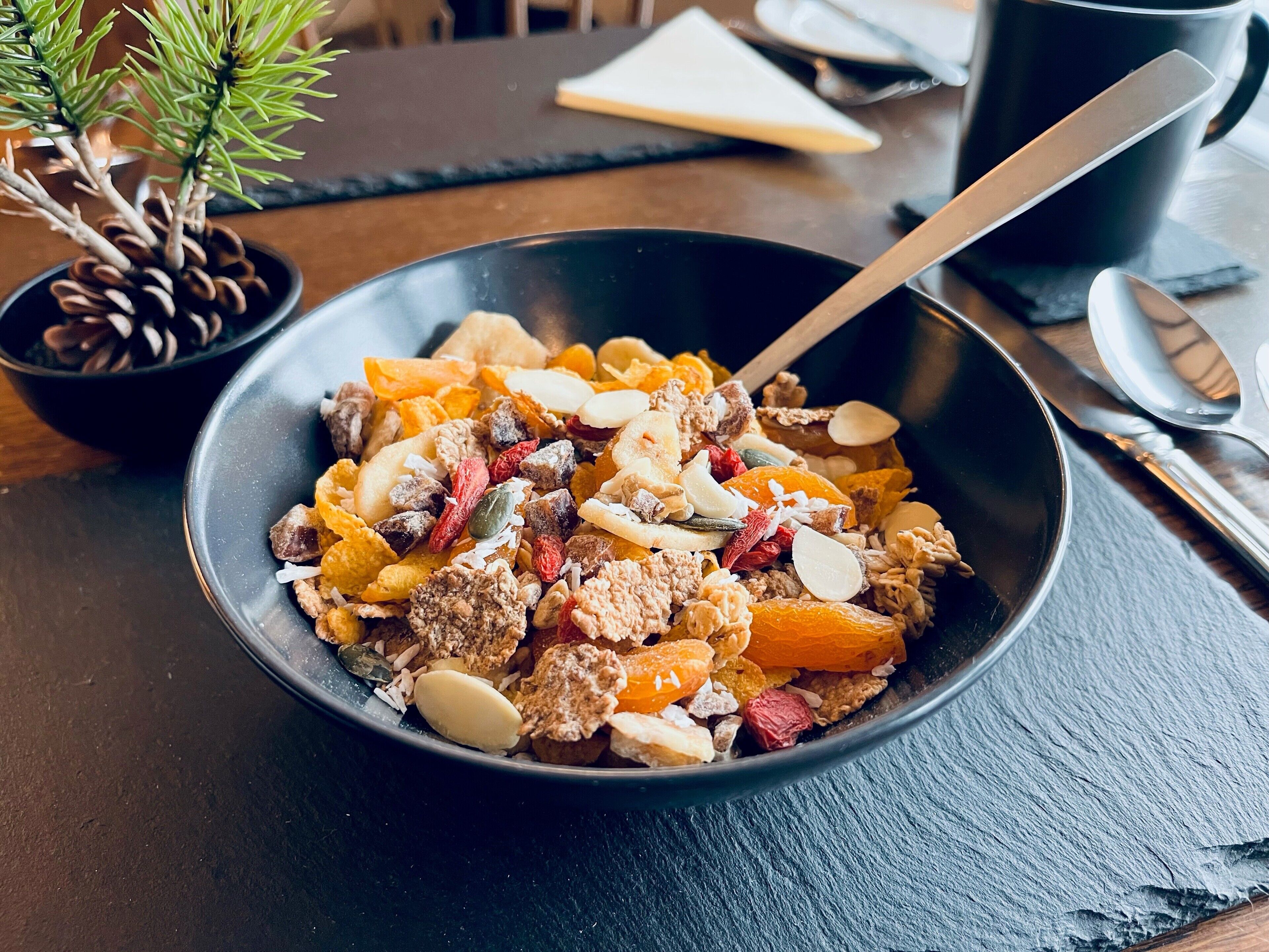 Un cuenco con frutos secos y frutas deshidratadas sobre una superficie oscura.