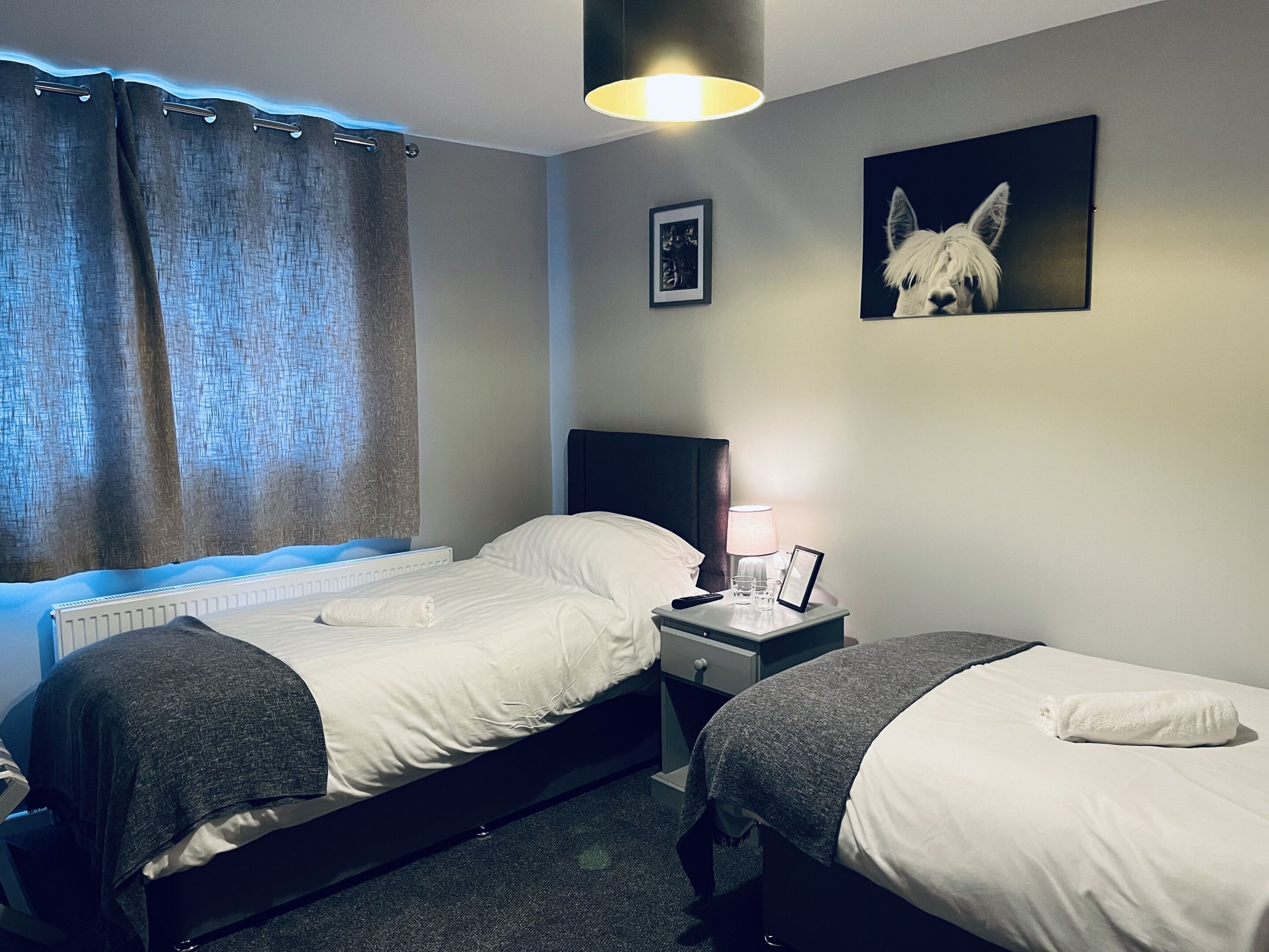 Habitación de hotel con dos camas, una mesita de noche con lámpara, un cuadro enmarcado y una ventana con cortinas.