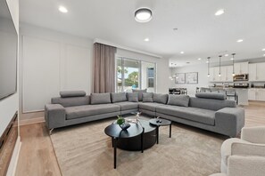 TV, fireplace, video games, foosball