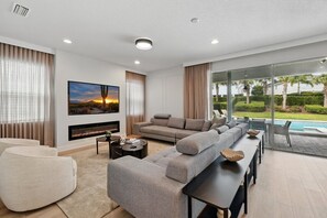 TV, fireplace, video games, foosball