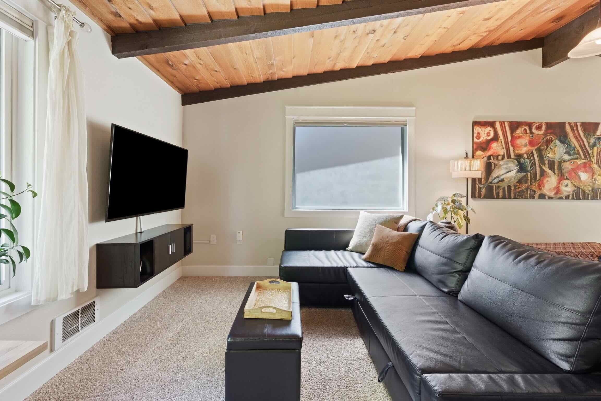 Una Smart TV, una chimenea, un reproductor de DVD, libros