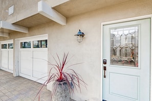 Stylish entrance with a glass panel and a potted plant.