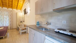Una cocina compacta con estufa integrada, un lavamanos y armarios de madera.