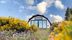 A modern house with a large glass window and a black roof, surrounded by a field of wildflowers. - Backland Luxury Nature Resort - Grand Canyon (Williams)