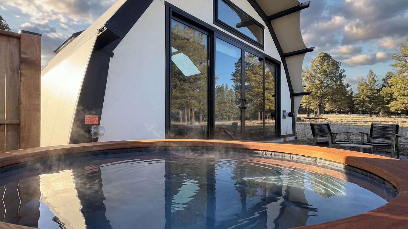 Skyview Tent | Premium bedding, down duvets, pillow-top beds, laptop workspace