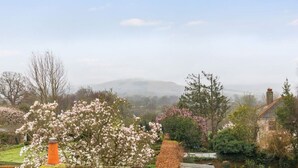 Un jardín con árboles florecientes y vistas a colinas distantes.