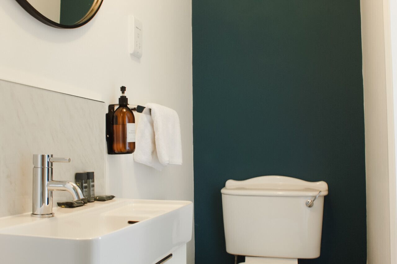 A bathroom with a white sink, a mirror, a bottle of hand soap, and a toilet.