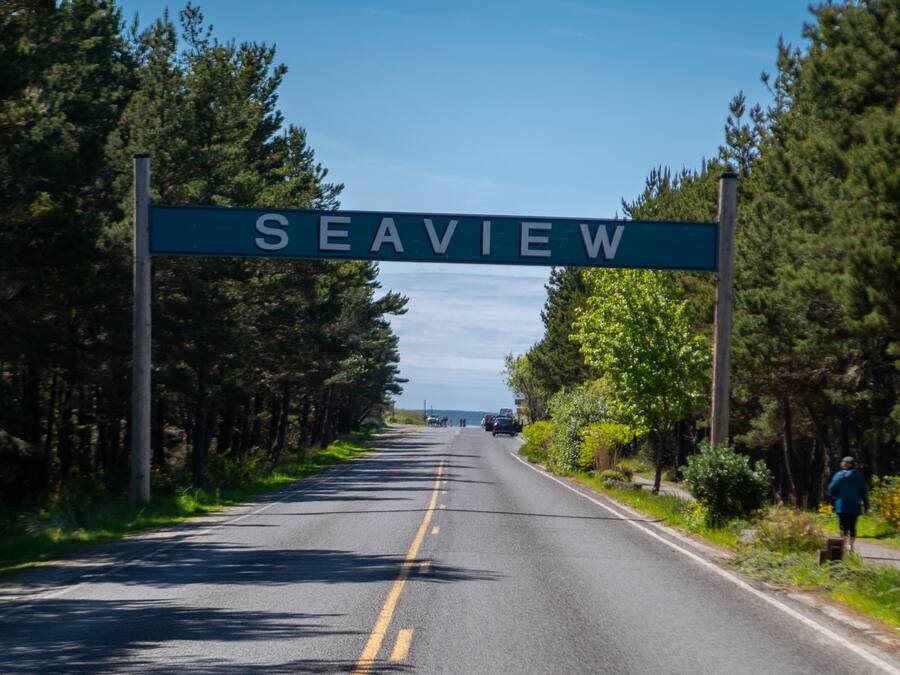 A road sign with "SEAVIEW" written on it, surrounded by trees and a clear sky.