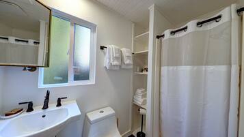 Une salle de bain avec un lavabo blanc, des toilettes, un miroir et un rideau de douche.