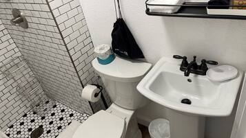 Ein Badezimmer mit Toilette, Waschbecken und Dusche.