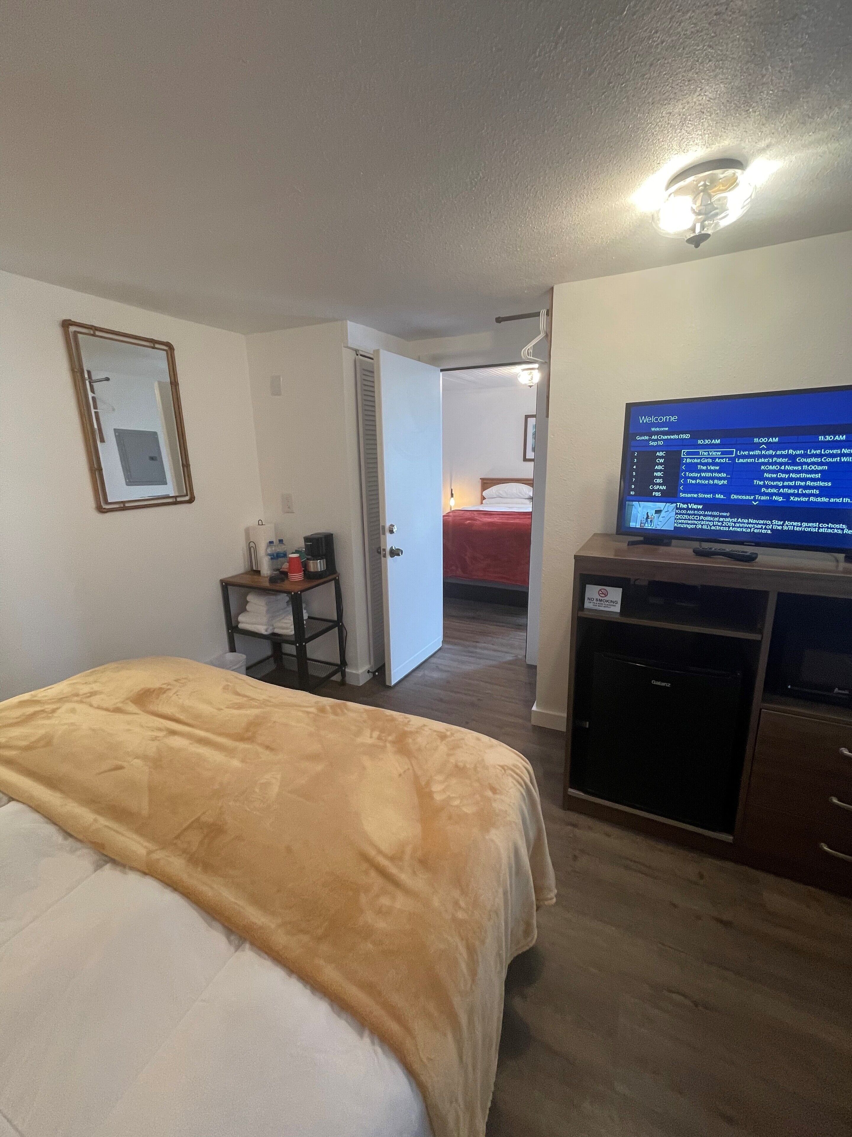 A hotel room with a bed, a television, a desk with a computer, and a door leading to another room.