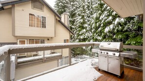 Un espacio al aire libre cubierto con una parrilla y vistas a una casa y árboles nevados.