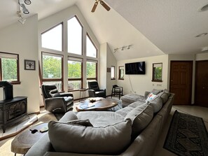 Smart TV, fireplace, DVD player, books