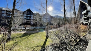A residential area with a grassy lawn, trees, and a building with multiple balconies. - Best ski in ski out Condo at Whistler (whistler)