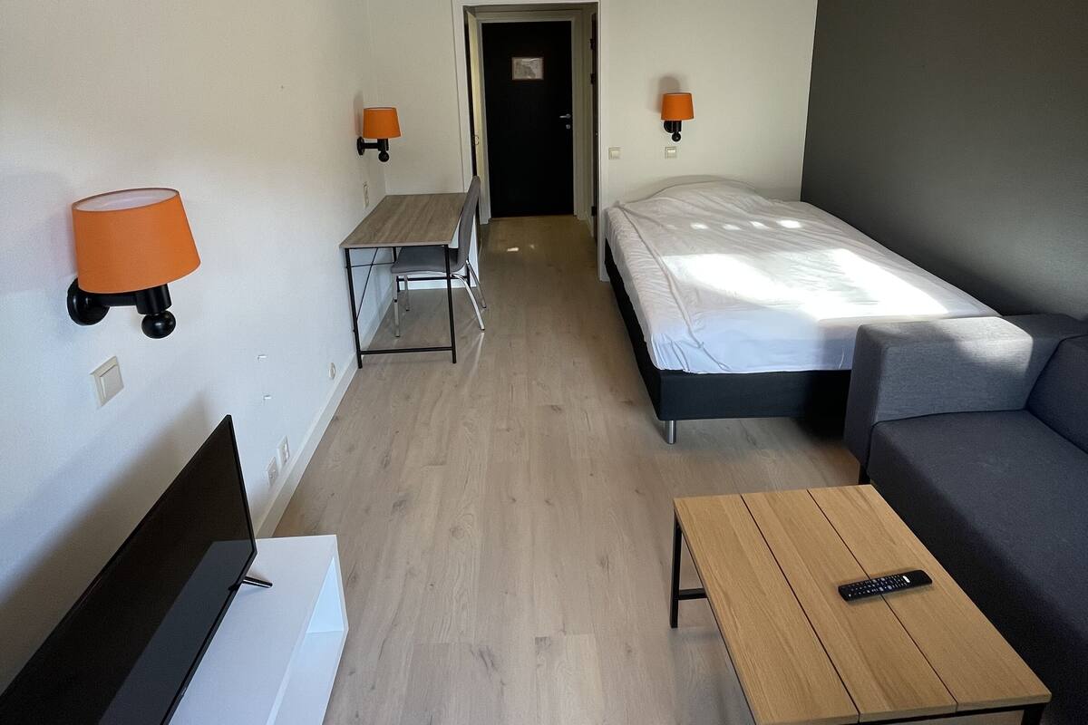 A hotel room with a bed, a sofa, a desk, and two wall-mounted lamps.