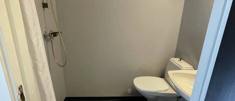 A small, narrow bathroom with a toilet and shower.