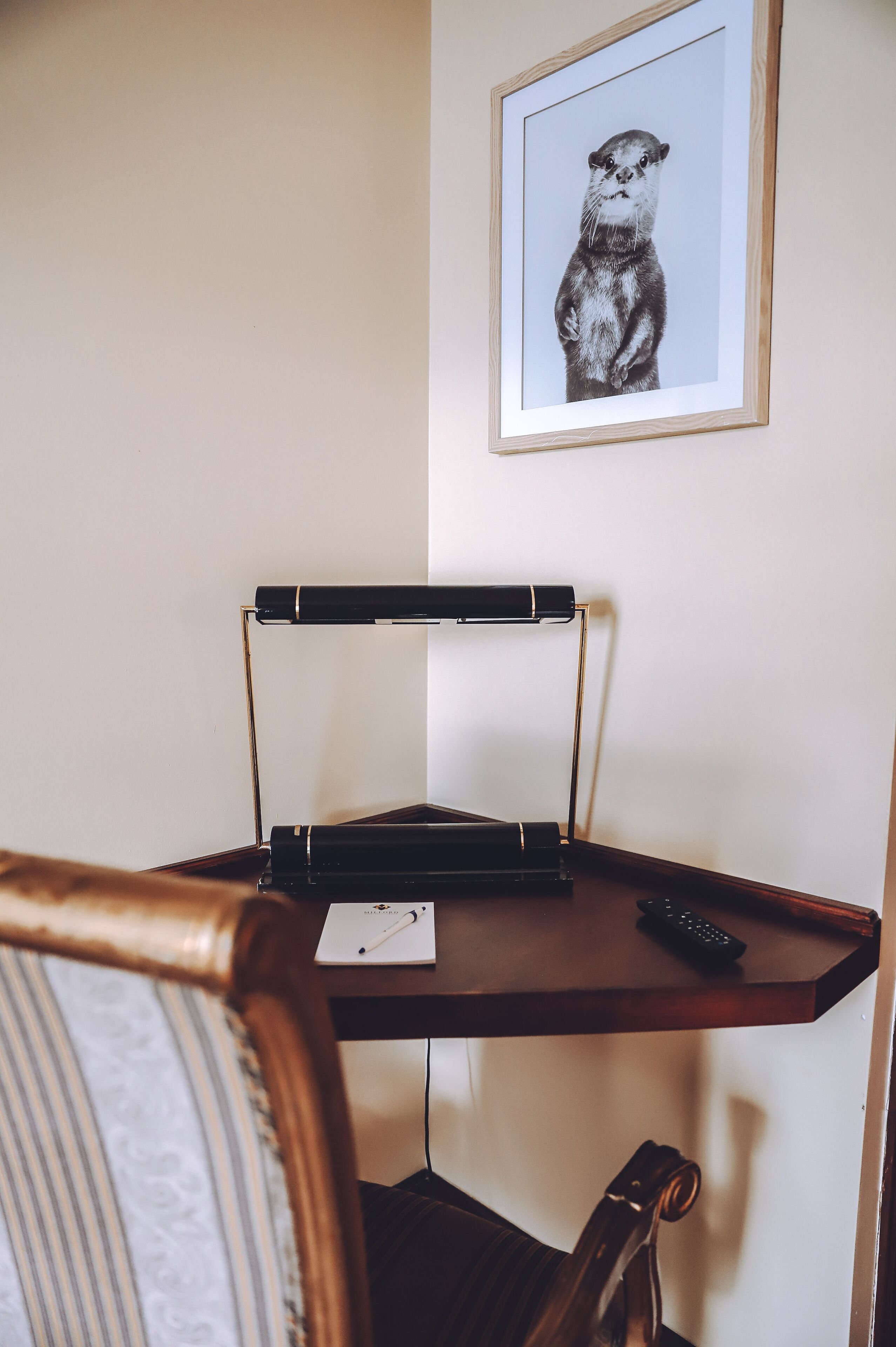 Un escritorio de madera con una computadora portátil, un control remoto y un cuadro con una nutria en la pared.