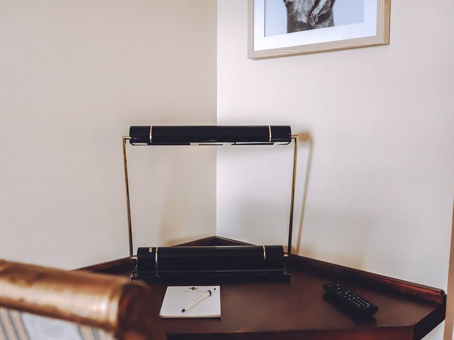 Un bureau en bois avec un ordinateur portable, une télécommande et un cadre représentant une loutre accroché au mur.