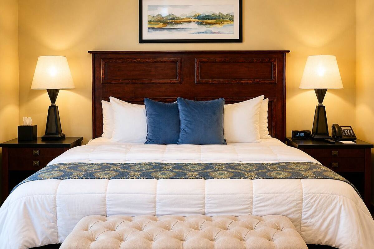 A hotel room with a large bed, two bedside tables with lamps, a nightstand with a phone, and a framed landscape painting above the bed.