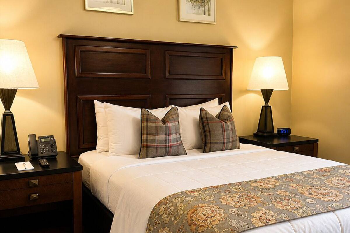 A hotel room with a large bed, two bedside tables with lamps, a phone, and a clock.