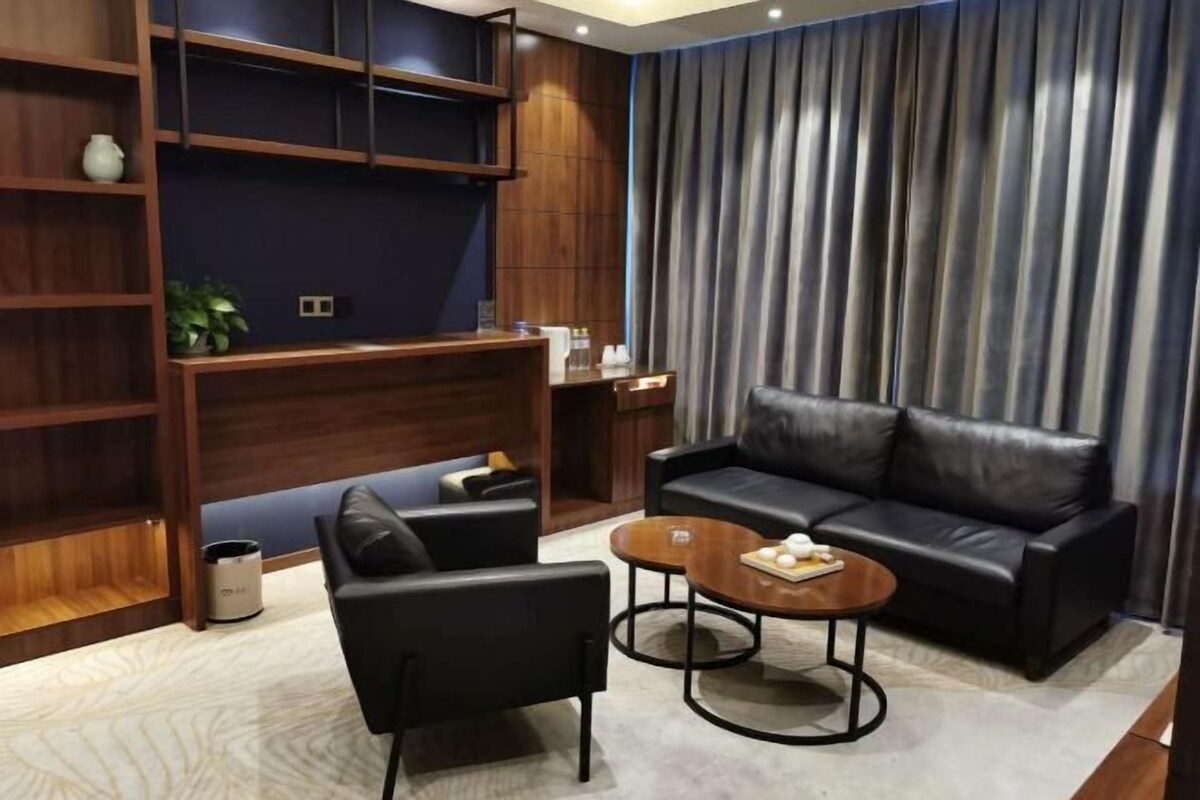 A modern living room with a black leather sofa, a black armchair, and a round coffee table. There is a wooden bookshelf and a small plant on the left.
