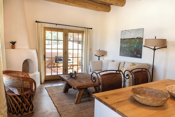 TV, fireplace, books