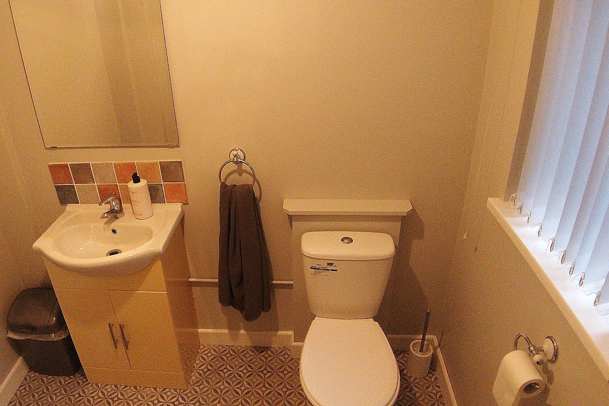 A small bathroom with a sink, toilet, and a window with curtains.