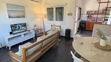 TV connectée, cheminée, livres, chaîne hi-fi