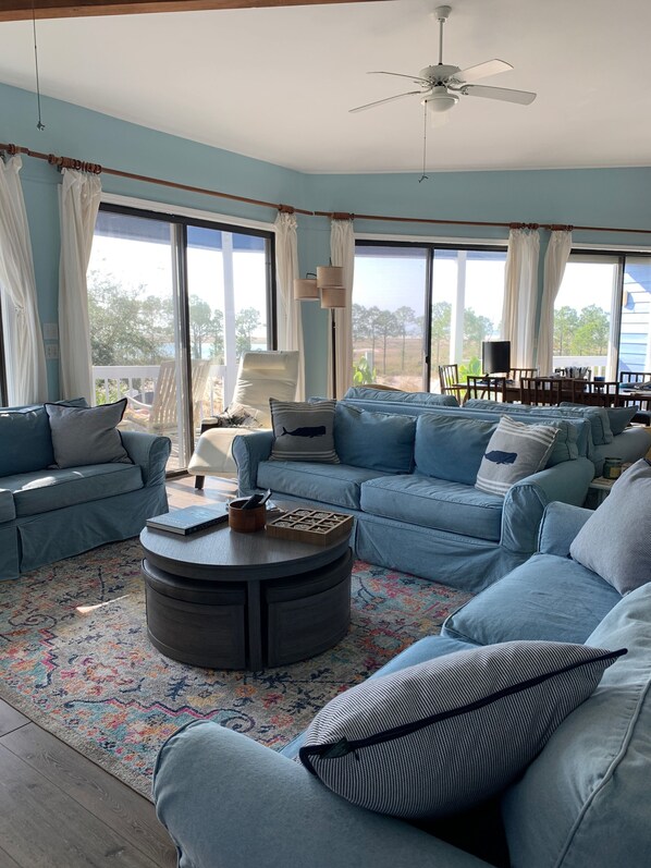 Smart TV, DVD player, books, music library