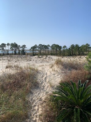 On the beach, sun-loungers, beach towels
