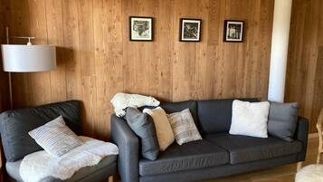 Een televisie, een open haard, boeken en een stereo