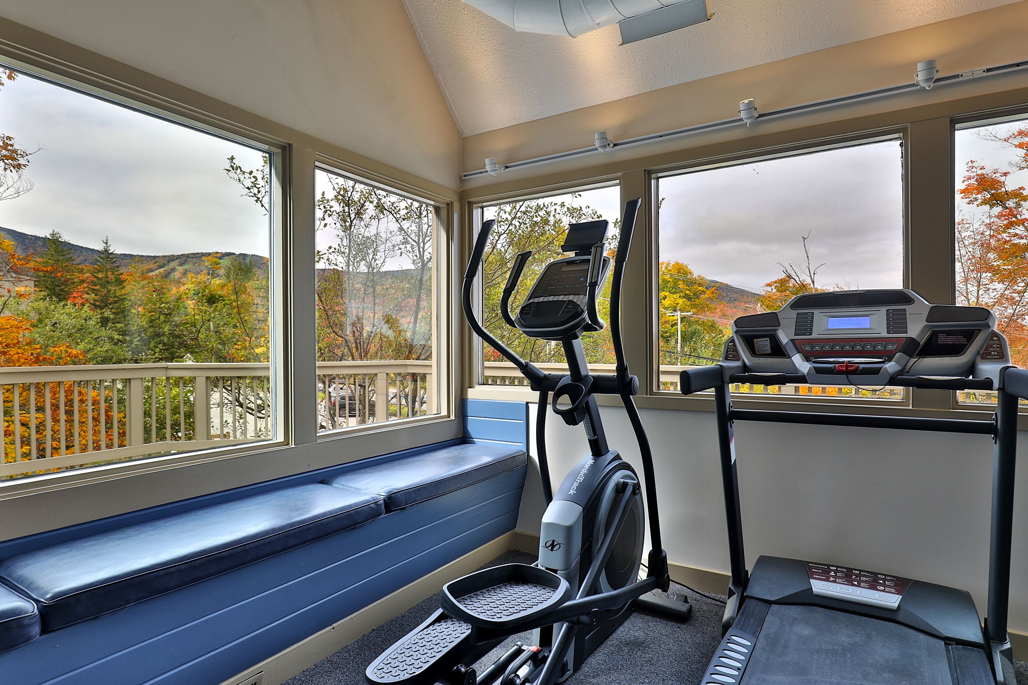 A home gym with a treadmill, elliptical, and a bench by large windows with a view of autumn trees.