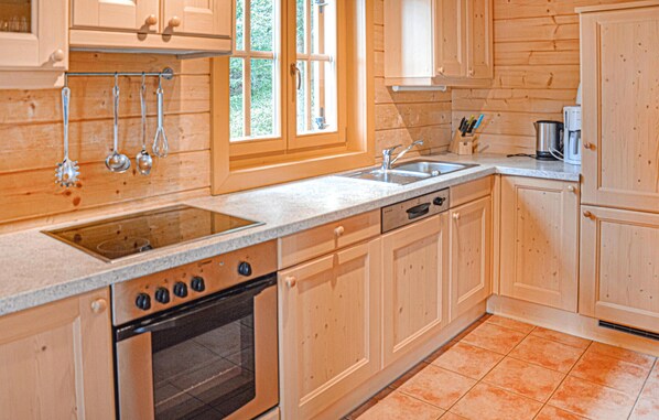 Fridge, stovetop, dishwasher, coffee/tea maker