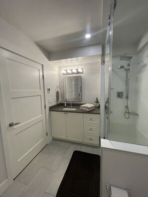 Shower, hair dryer, towels, soap