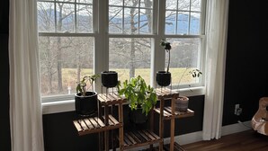 A room with a large arched window, wooden furniture, and potted plants. - Spectacular long range views! 5 minutes from Franklin. Private w/paved driveway. (Franklin)