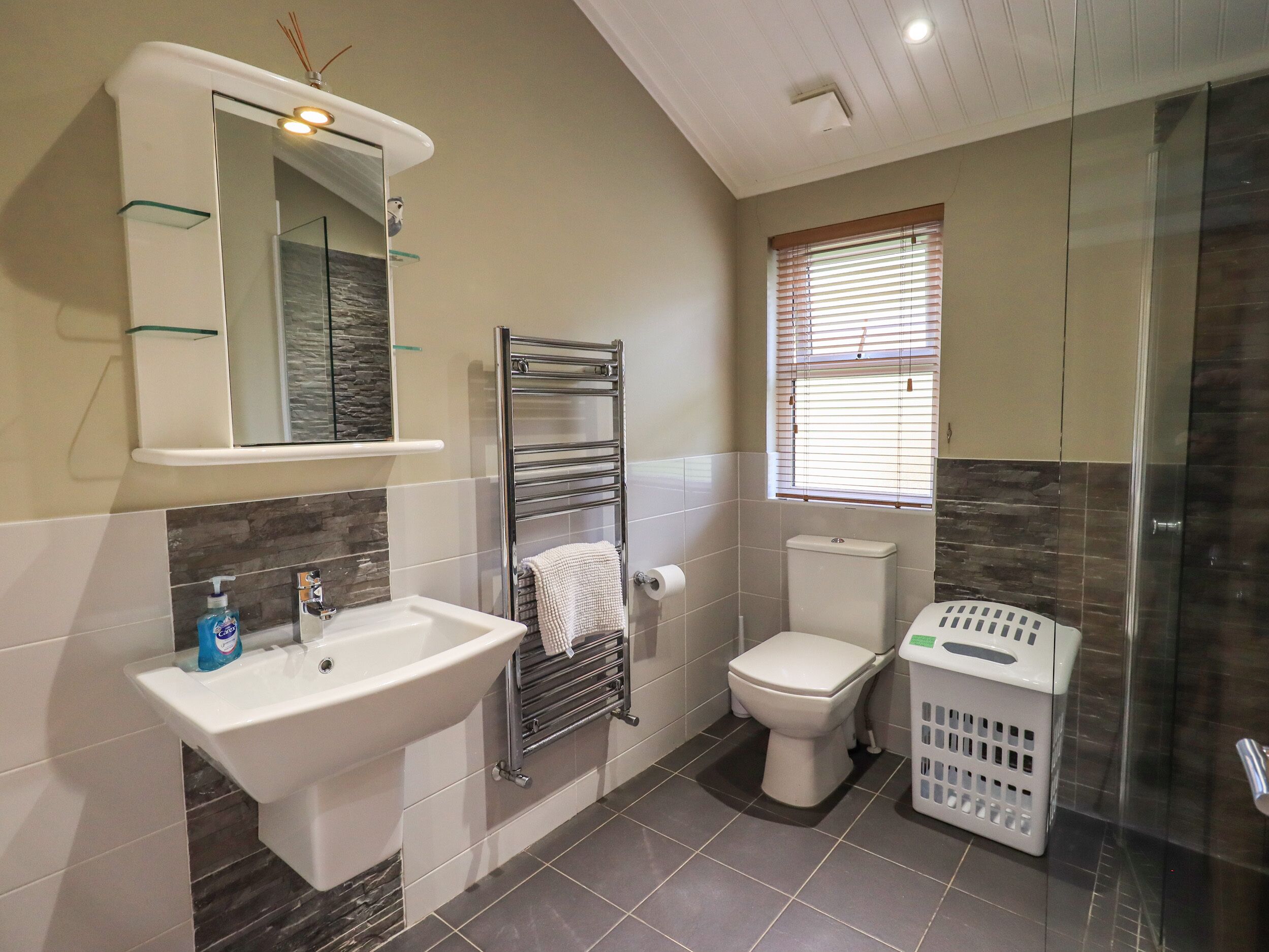 Un bagno moderno con lavabo, wc e zona doccia.
