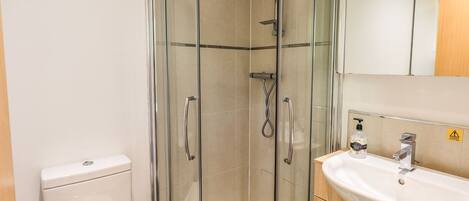 A modern bathroom with a glass-enclosed shower, a white sink, and a toilet.