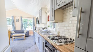 A compact kitchen with a gas stove, a sink, and a window overlooking a garden. - Robin View Lodge (Windermere)