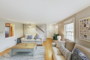 TV, fireplace, books - Beautiful Harwich home with large yard near Red River Beach & Main Street fun (Harwich)